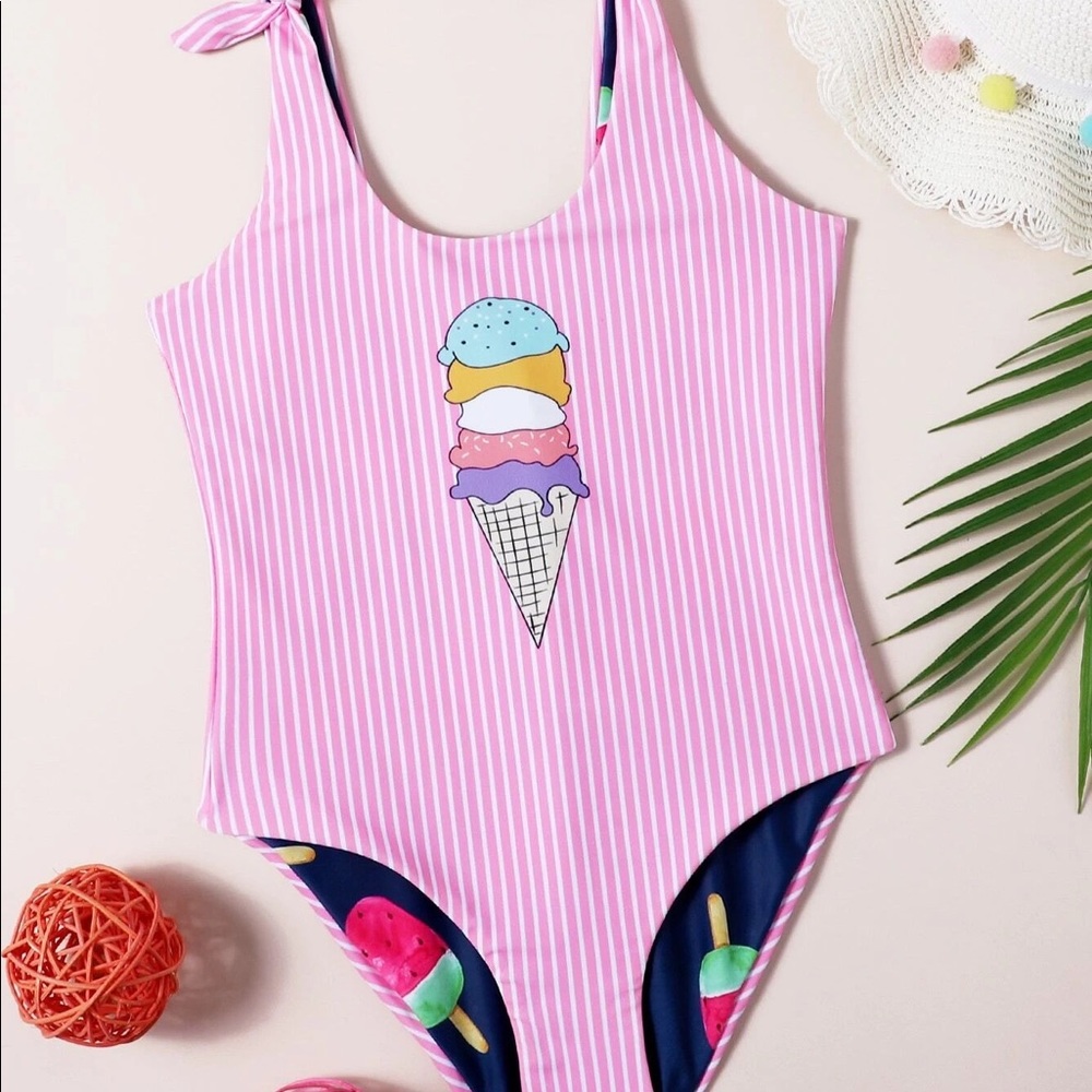 2T (equivalent) - pink striped one piece w/ ice cream graphic and tie sh…